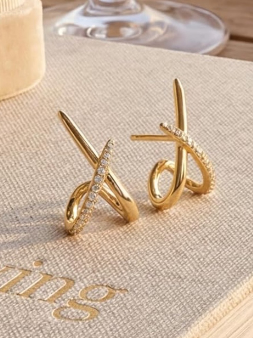 Anthropologie Gold Crisscross Hoop Earrings with Pavé Accents - Picture 2 of 3
